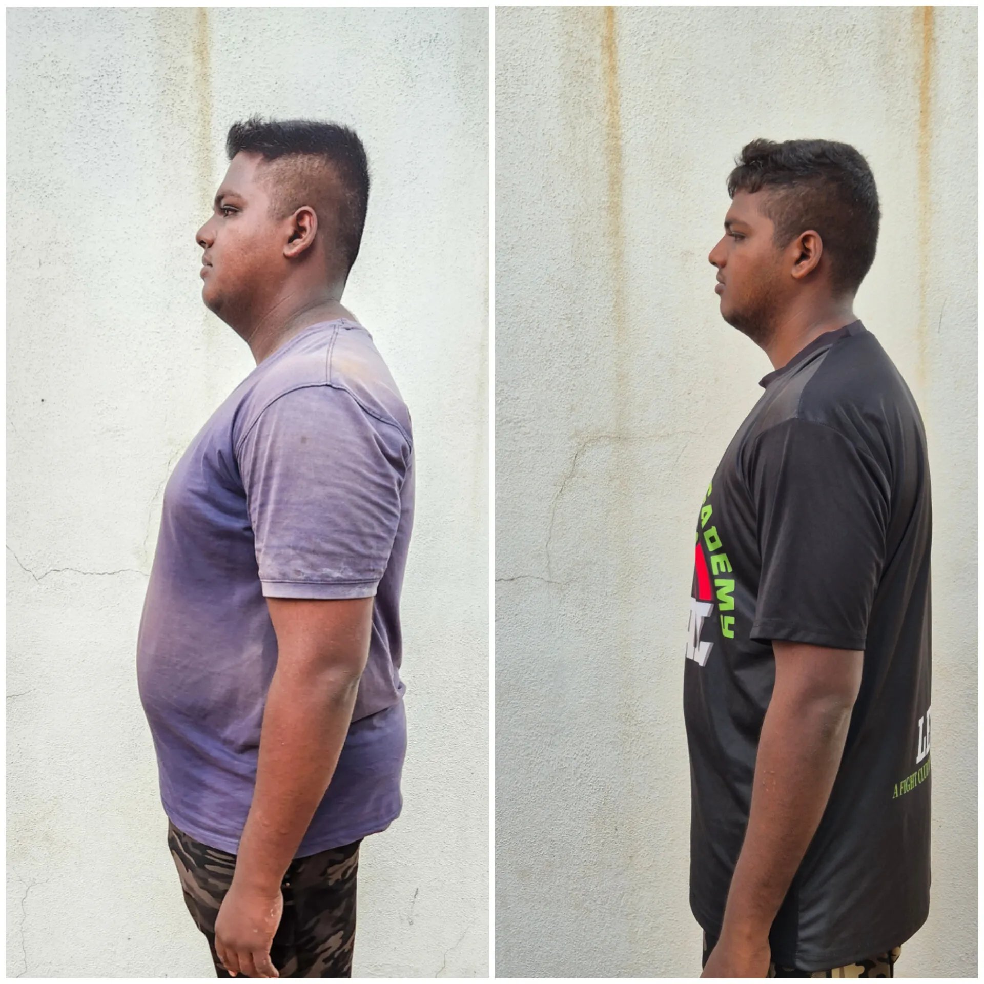 Dani before and after side view — 35 kg lost with Coach Keerthana