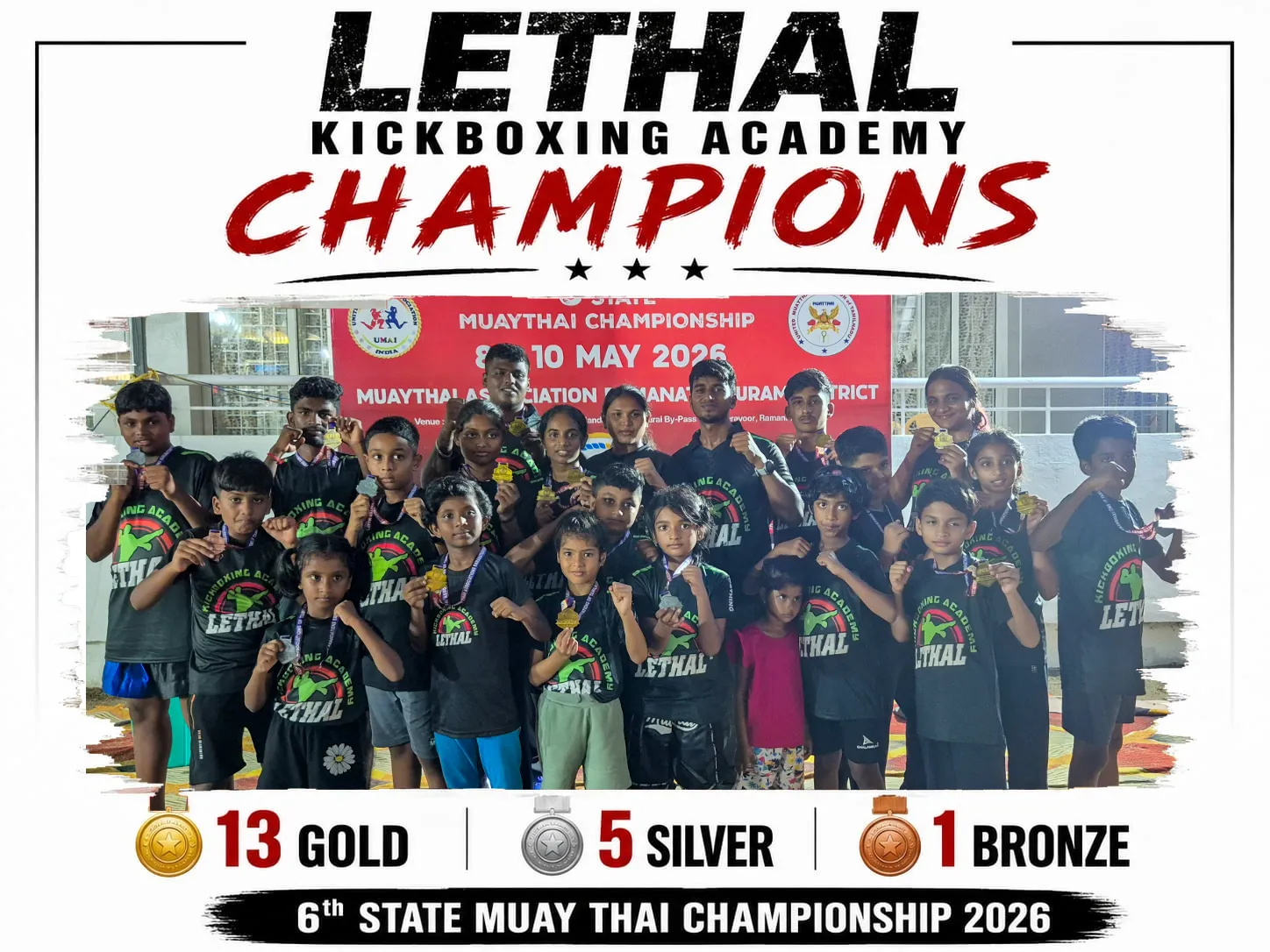 Team Lethal medal tally at the 6th State Muay Thai Championship 2026, Tamil Nadu