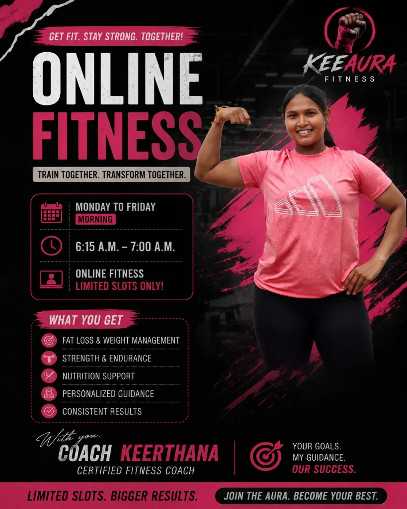 KeeAura Fitness online fitness flyer with Coach Keerthana — get fit, stay strong, together