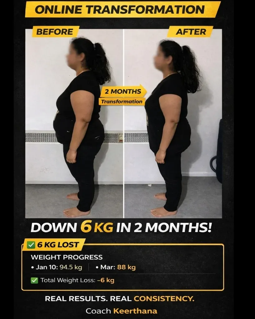 Before and after online weight loss with Coach Keerthana: 6 kg in 2 months, 94.5 kg to 88.5 kg